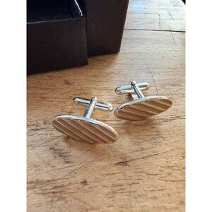 Vintage Oval Silver-Tone Cufflinks With Textured Diagonal Stripe Design In Black